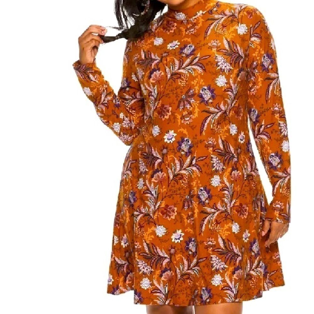 Mudd Floral Mock Neck Long Sleeve Orange Dress XS